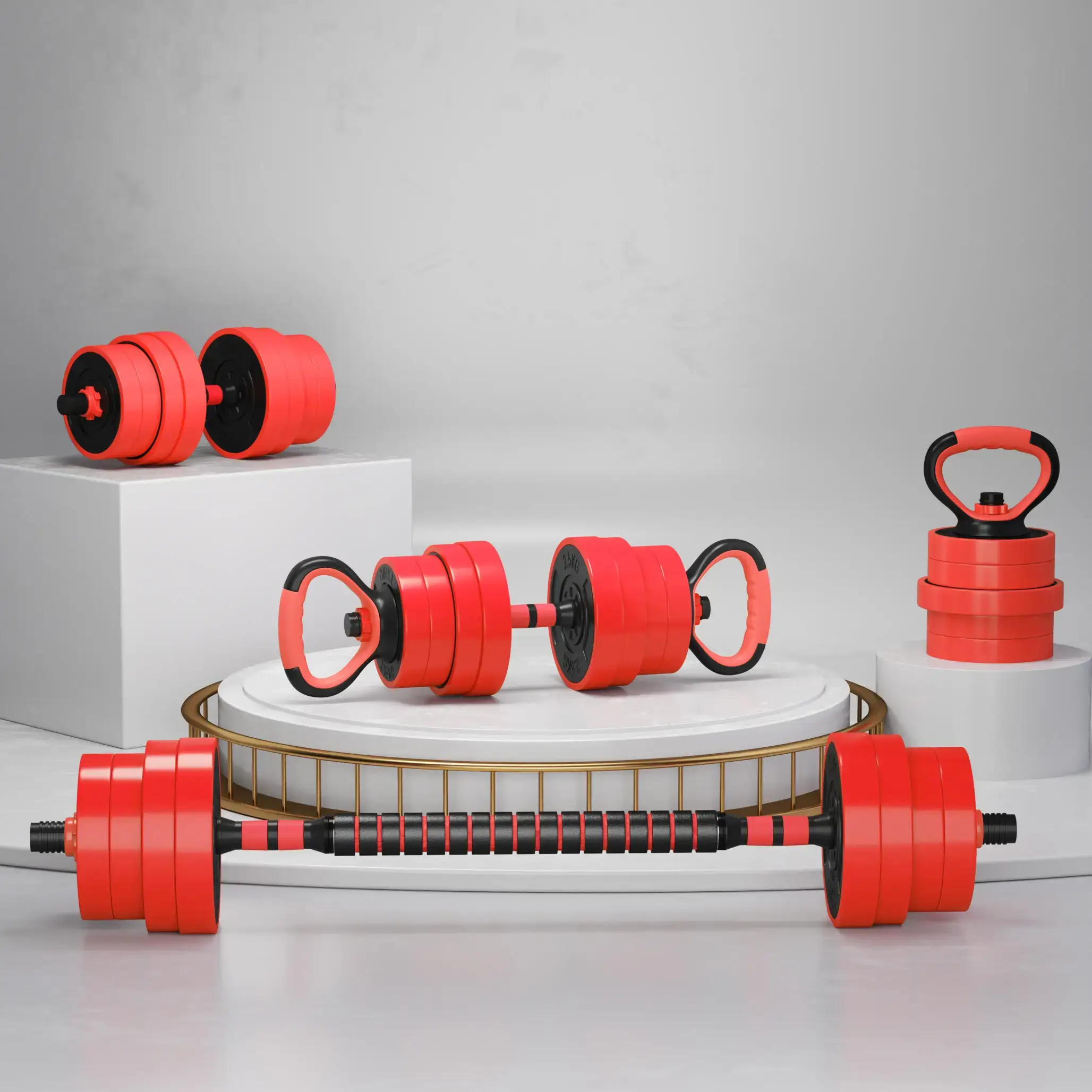 Sportnow 30Kg Four-In-One Adjustable Weight Dumbbells Set, Barbell, Kettlebell, Push Up Stand - Red - Image 8